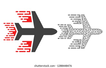 Polygonal mesh aircraft and flat icon are isolated on a white background. Abstract black mesh lines, triangles and nodes forms aircraft icon.