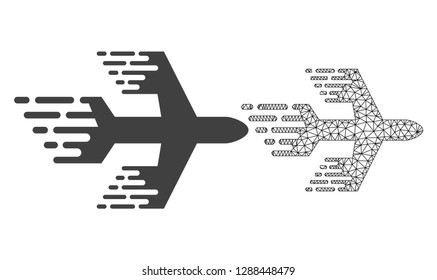 Polygonal mesh airplane and flat icon are isolated on a white background. Abstract black mesh lines, triangles and nodes forms airplane icon.