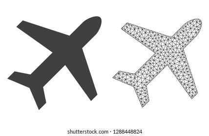 Polygonal mesh airplane and flat icon are isolated on a white background. Abstract black mesh lines, triangles and nodes forms airplane icon.