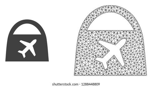 Polygonal mesh airport shopping and flat icon are isolated on a white background. Abstract black mesh lines, triangles and dots forms airport shopping icon.