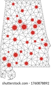 Polygonal mesh Alabama State map with coronavirus centers. Abstract mesh lines, triangles and covid viruses form Alabama State map. Vector wireframe 2D polygonal network in black and red colors.