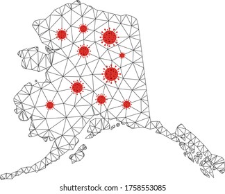 Polygonal mesh Alaska map with coronavirus centers. Abstract mesh lines, triangles and covid- 2019 viruses form Alaska map. Vector wireframe flat polygonal network in black and red colors.