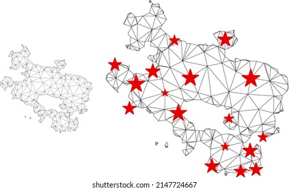 Polygonal mesh Alava Province map with red star centers. Abstract mesh connected lines and stars form Alava Province map. Vector wireframe flat polygonal network in black and red colors.