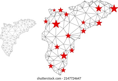 Polygonal mesh Alicante Province map with red star centers. Abstract network connected lines and stars form Alicante Province map. Vector wireframe flat polygonal network in black and red colors.
