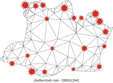 Polygonal mesh Amazonas State map with coronavirus centers. Abstract mesh connected lines and covid viruses form Amazonas State map. Vector wireframe flat polygonal network in black and red colors.