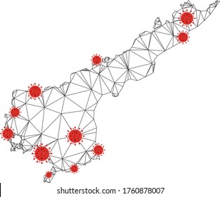 Polygonal mesh Andhra Pradesh State map with coronavirus centers. Abstract network connected lines and covid viruses form Andhra Pradesh State map.