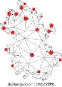 Polygonal mesh Anhui Province map with coronavirus centers. Abstract network connected lines and covid viruses form Anhui Province map. Vector wire frame 2D polygonal network in black and red colors.