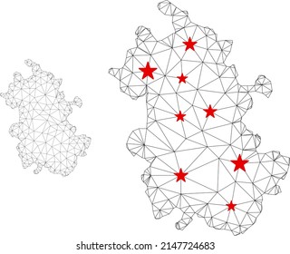 Mapa de malla poligonal de la provincia de Anhui con centros de estrellas rojas. Resumen de líneas conectadas en red y estrellas del mapa de la provincia de Anhui. Red triangular 2D de marco de vectores en colores negro y rojo.