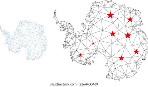 Polygonal mesh Antarctica map with red star centers. Abstract network connected lines and stars form Antarctica map. Vector wireframe flat polygonal network in black and red colors.