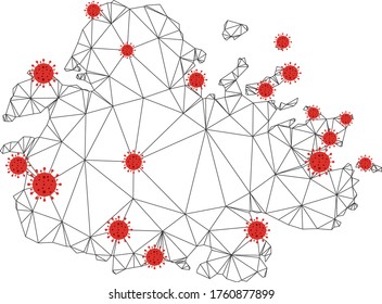 Polygonal mesh Antigua Island map with coronavirus centers. Abstract mesh connected lines and covid- 2019 viruses form Antigua Island map.