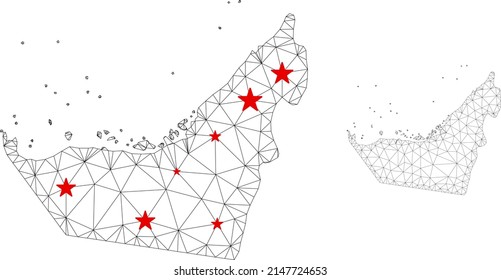 Polygonal mesh Arab Emirates map with red star centers. Abstract network connected lines and stars form Arab Emirates map. Vector wire frame flat polygonal network in black and red colors.