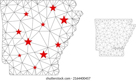 Polygonal mesh Arkansas State map with red star centers. Abstract mesh connected lines and stars form Arkansas State map. Vector wireframe flat polygonal network in black and red colors.