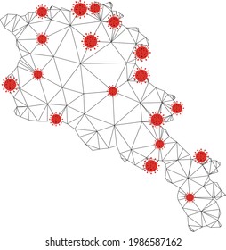 Mapa de Armenia de malla poligonal con centros de coronavirus. Resumen de líneas conectadas de malla y virus de la gripe en el mapa de Armenia. Red poligonal 2D de marco de alambre de vectores en colores negro y rojo.