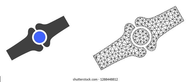 Polygonal mesh artificial bone joint and flat icon are isolated on a white background. Abstract black mesh lines, triangles and nodes forms artificial bone joint icon.