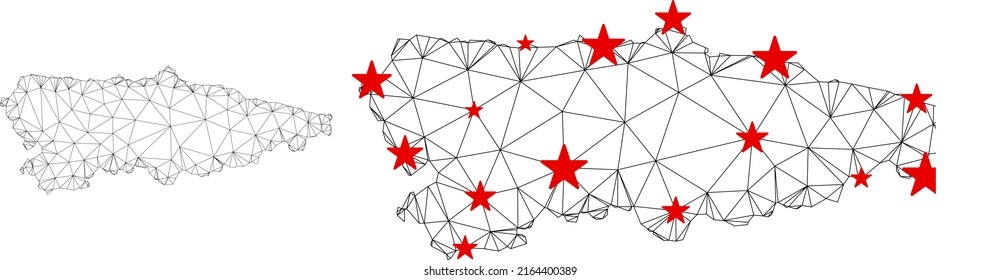 Polygonal mesh Asturias Province map with red star centers. Abstract mesh connected lines and stars form Asturias Province map. Vector wireframe 2D polygonal network in black and red colors.