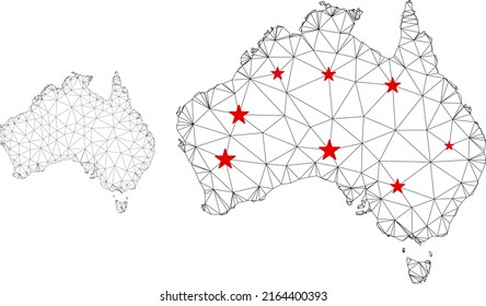 Polygonal mesh Australia map with red star centers. Abstract mesh connected lines and stars form Australia map. Vector wireframe 2D polygonal network in black and red colors.