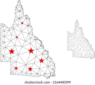 Polygonal mesh Australian Queensland map with red star centers. Abstract mesh connected lines and stars form Australian Queensland map. Vector wireframe flat polygonal network in black and red colors.
