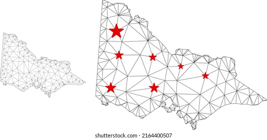 Polygonal mesh Australian Victoria map with red star centers. Abstract mesh connected lines and stars form Australian Victoria map. Vector wireframe flat triangular network in black and red colors.