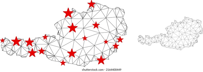 Polygonal mesh Austria map with red star centers. Abstract mesh connected lines and stars form Austria map. Vector wireframe 2D polygonal network in black and red colors.