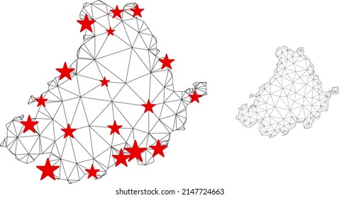 Polygonal mesh Avila Province map with red star centers. Abstract mesh connected lines and stars form Avila Province map. Vector wireframe 2D polygonal network in black and red colors.