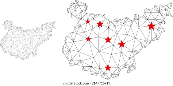 Polygonal mesh Badajoz Province map with red star centers. Abstract network connected lines and stars form Badajoz Province map. Vector wireframe flat polygonal network in black and red colors.
