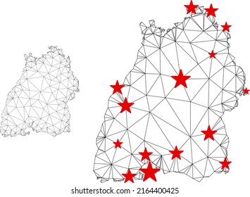 Polygonal mesh Baden-Wurttemberg Land map with red star centers. Abstract mesh connected lines and stars form Baden-Wurttemberg Land map. Vector wireframe 2D polygonal network in black and red colors.