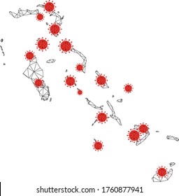 Polygonal mesh Bahamas Islands map with coronavirus centers. Abstract mesh connected lines and flu viruses form Bahamas Islands map. Vector wireframe flat polygonal network in black and red colors.