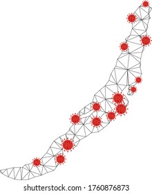 Polygonal mesh Baikal Lake map with coronavirus centers. Abstract network connected lines and covid- 2019 viruses form Baikal Lake map.
