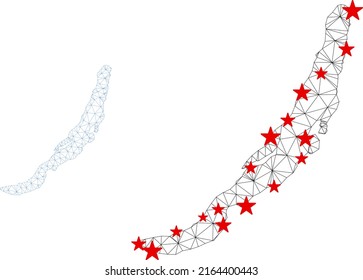 Mapa poligonal del lago Baikal con centros de estrellas rojas. Resumen de líneas conectadas en red y estrellas del mapa del lago Baikal. Vector wireframe red poligonal plana en color negro y rojo.
