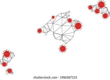 Polygonal mesh Balearic Islands map with coronavirus centers. Abstract mesh connected lines and flu viruses on Balearic Islands map. Vector wireframe 2D polygonal network in black and red colors.