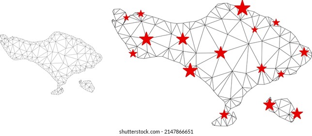 Polygonal Mesh Bali Karte mit roten Sternen Zentren. Abstraktes Netzwerk verbindet Linien und Sterne von Bali Karte. Vektor Wireframe flaches Dreiecksnetz in Schwarz-Rot-Farben.