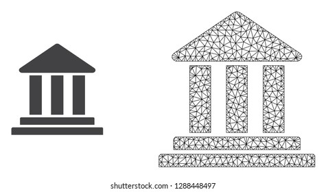 Polygonal mesh bank building and flat icon are isolated on a white background. Abstract black mesh lines, triangles and dots forms bank building icon.