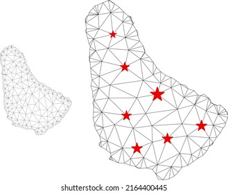 Malla poligonal Mapa de Barbados con centros de estrellas rojas. Resumen de líneas conectadas en malla y estrellas de Barbados mapa. Vector wireframe red poligonal plana en color negro y rojo.