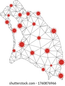 Mapa de la Isla de Barbuda de malla poligonal con centros de coronavirus. Resumen de las líneas netas conectadas y los virus covid- 2019 forman el mapa de Barbuda Island.