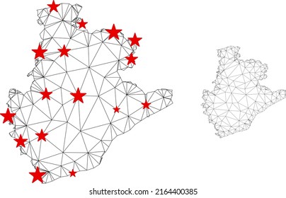 Polygonal mesh Barcelona Province map with red star centers. Abstract mesh connected lines and stars form Barcelona Province map. Vector wireframe 2D polygonal network in black and red colors.