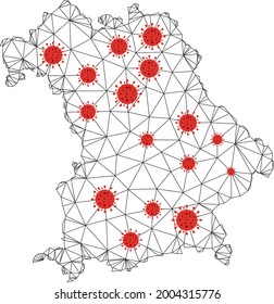 Polygonal mesh Bavaria Land map with coronavirus centers. Abstract mesh lines, triangles and covid viruses on Bavaria Land map. Vector wireframe 2D polygonal network in black and red colors.