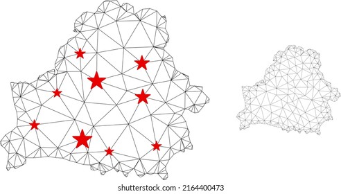Polygonal mesh Belarus map with red star centers. Abstract mesh connected lines and stars form Belarus map. Vector wireframe 2D polygonal network in black and red colors.