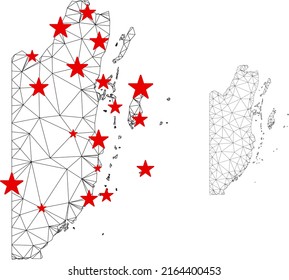 Polygonal mesh Belize map with red star centers. Abstract network connected lines and stars form Belize map. Vector wireframe 2D polygonal network in black and red colors.