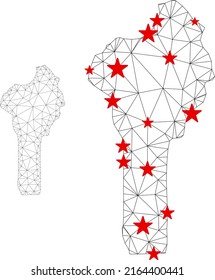 Mapa Benín de malla poligonal con centros de estrellas rojas. Resumen de líneas conectadas en red y estrellas de un mapa de Benín. Red poligonal 2D del marco de cables vectores en colores negro y rojo.