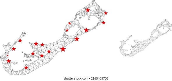 Polygonal mesh Bermuda Island map with red star centers. Abstract network connected lines and stars form Bermuda Island map. Vector wireframe flat polygonal network in black and red colors.