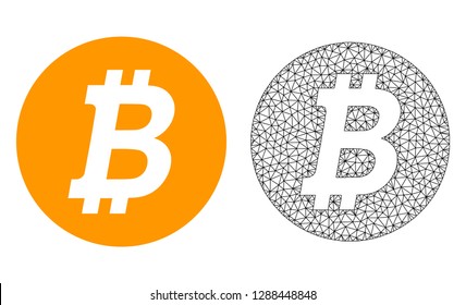 Polygonal mesh bitcoin coin and flat icon are isolated on a white background. Abstract black mesh lines, triangles and nodes forms bitcoin coin icon.