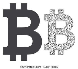 Polygonal mesh bitcoin and flat icon are isolated on a white background. Abstract black mesh lines, triangles and nodes forms bitcoin icon.