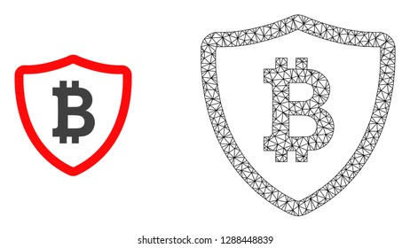 Polygonal mesh bitcoin shield and flat icon are isolated on a white background. Abstract black mesh lines, triangles and nodes forms bitcoin shield icon.