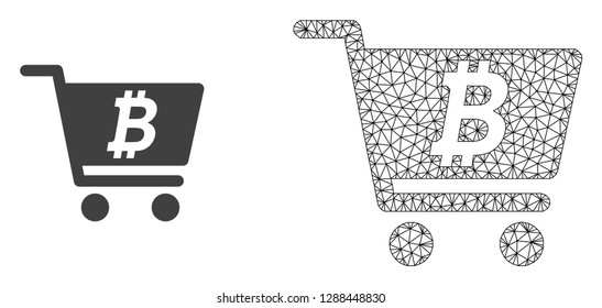 Polygonal mesh bitcoin webshop and flat icon are isolated on a white background. Abstract black mesh lines, triangles and dots forms bitcoin webshop icon.