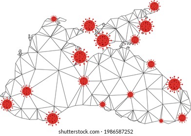 Polygonal mesh Black Sea map with coronavirus centers. Abstract network connected lines and covid viruses on Black Sea map. Vector wireframe 2D polygonal network in black and red colors.