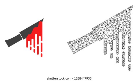 Polygonal mesh bloody knife and flat icon are isolated on a white background. Abstract black mesh lines, triangles and nodes forms bloody knife icon.