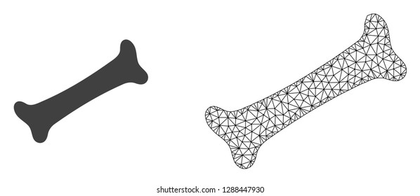 Polygonal mesh bone and flat icon are isolated on a white background. Abstract black mesh lines, triangles and dots forms bone icon.