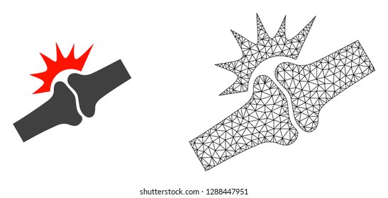 Polygonal mesh bone joint fracture and flat icon are isolated on a white background. Abstract black mesh lines, triangles and dots forms bone joint fracture icon.