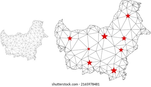 Polygonal mesh Borneo map with red star centers. Abstract network connected lines and stars form Borneo map. Vector wireframe 2D polygonal network in black and red colors.