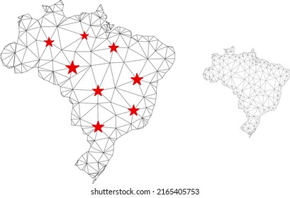 Mapa de Brasil de malla poligonal con centros de estrellas rojas. Resumen de líneas conectadas en red y estrellas del mapa de Brasil. Red poligonal 2D del marco de cables vectores en colores negro y rojo.